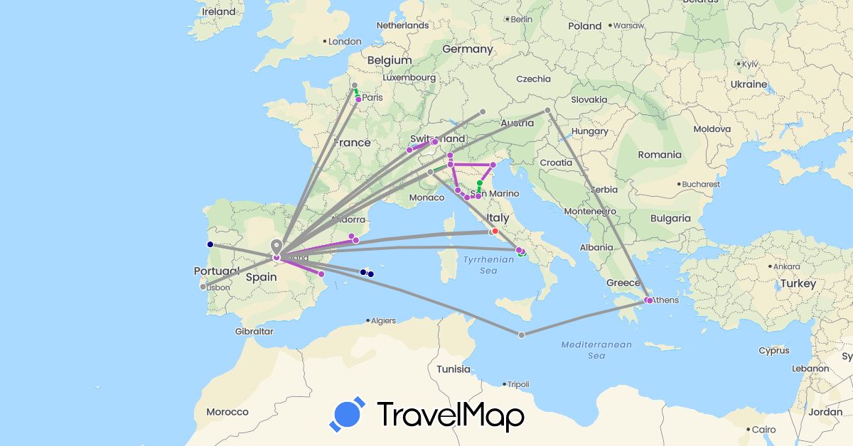 TravelMap itinerary: driving, bus, plane, train, hiking in Austria, Switzerland, Germany, Spain, France, Greece, Italy, Malta, Portugal, Vatican City (Europe)